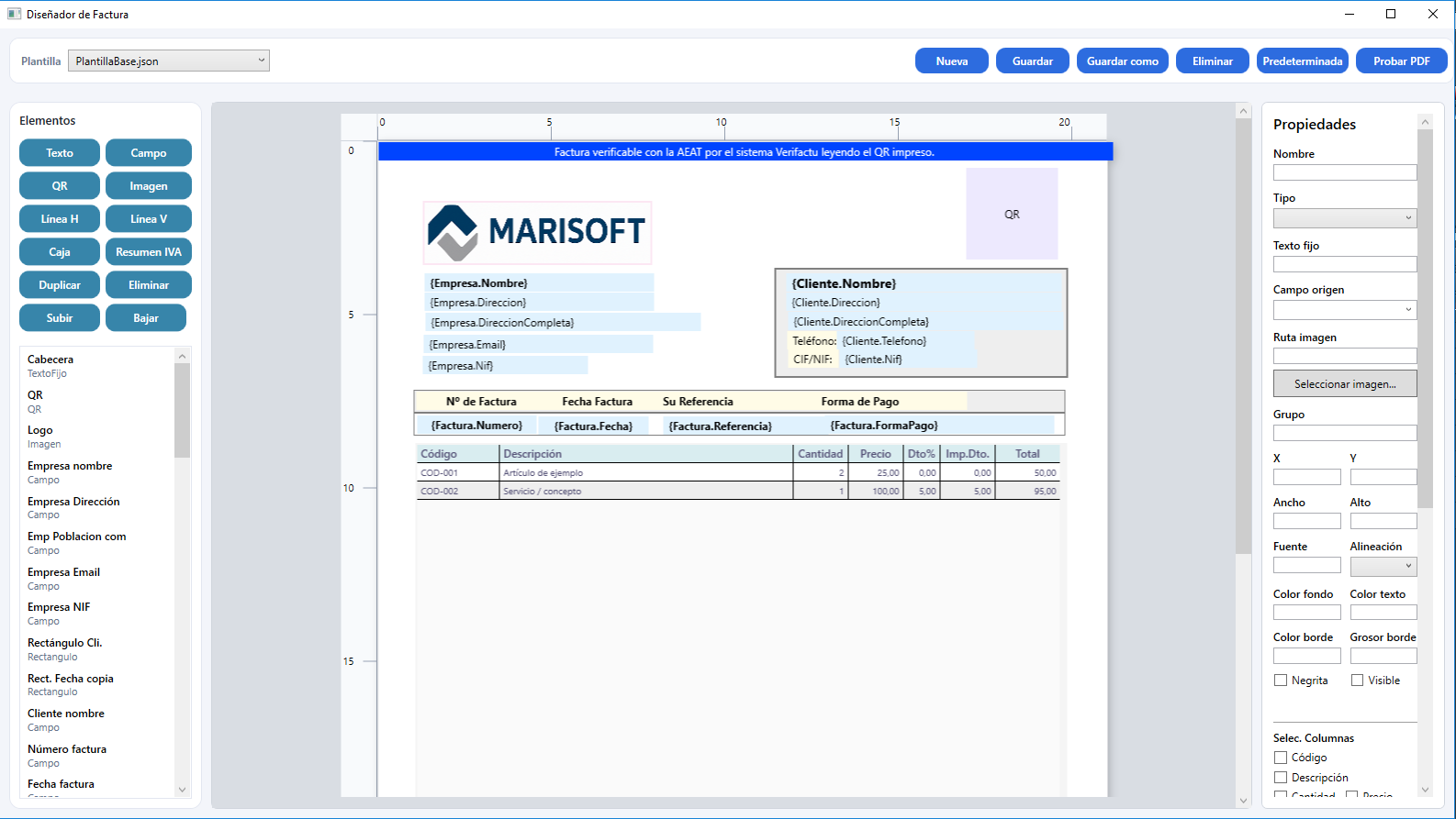 Disenador de facturas de VeriFactu Marisoft