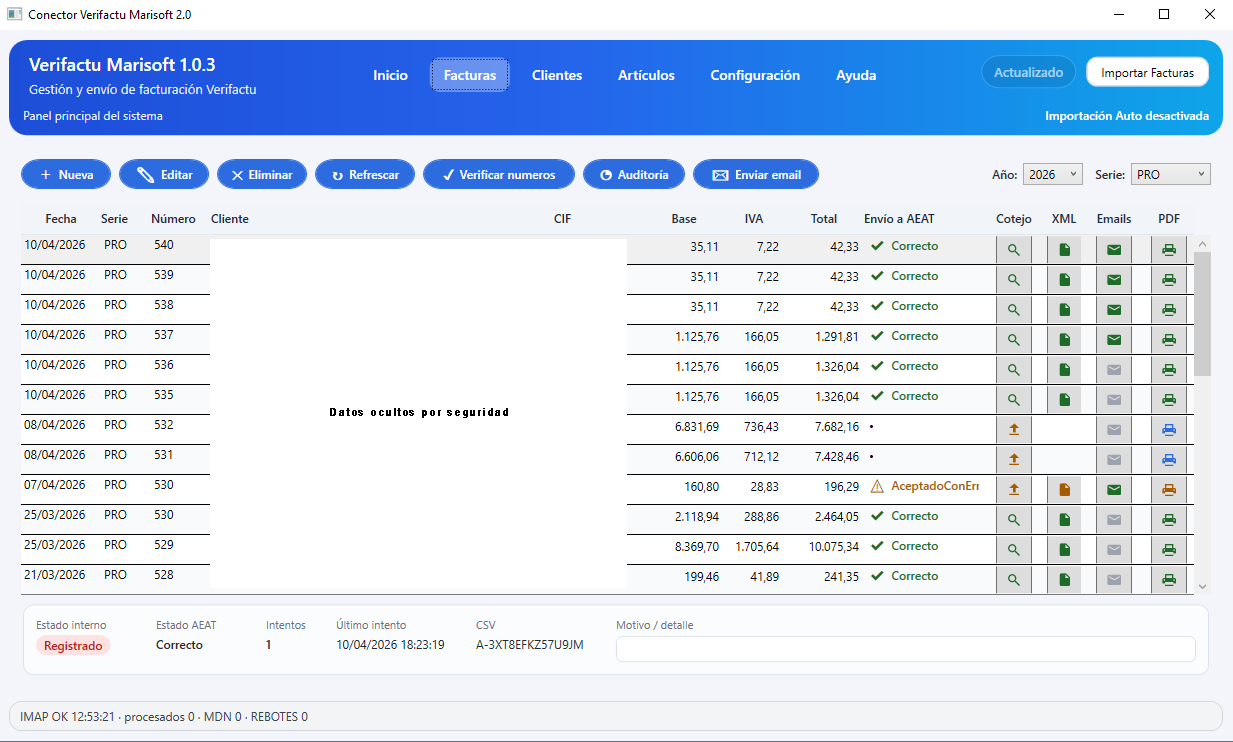 Modulo de facturas de VeriFactu Marisoft